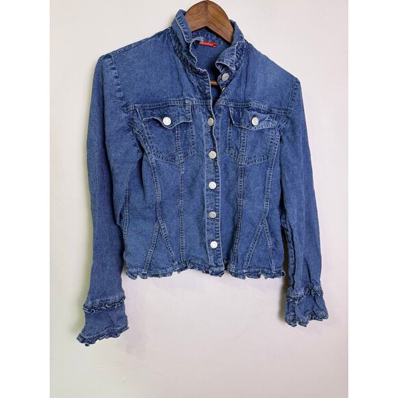 Alain Manoukian Denim Jacket Women’s M Blue Ruffle Hem Sleeve Button - Picture 1 of 6